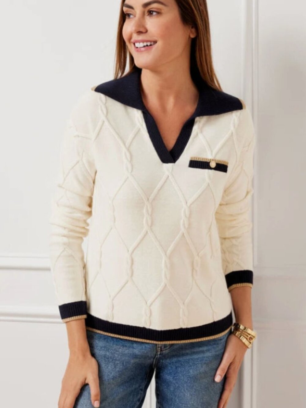NEW Talbots Lattice Cable Johnny Collared Sweater Tipped Gold Ivory Navy 2XP